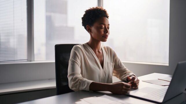 Young female employee meditating at work to reduce stress in busy open plan office