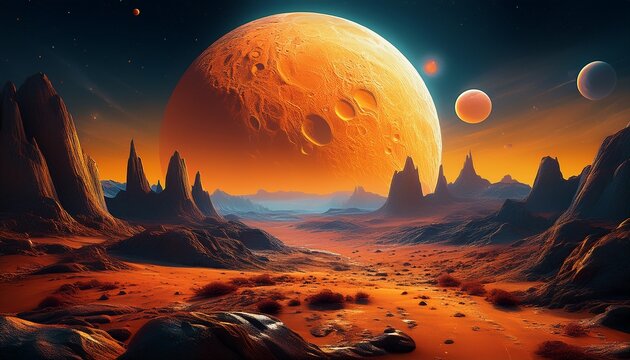 alien landscape under a large orange moon