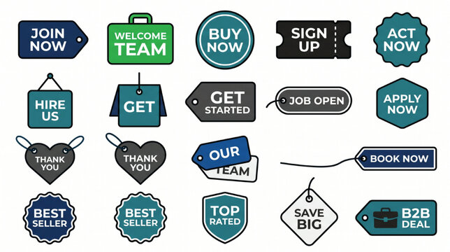 Business tag icons set featuring sixteen minimalist corporate call to action labels and web cta button assets isolated on white background