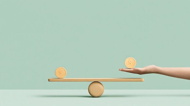 Conceptual balance of finance with a hand holding a coin on a scale