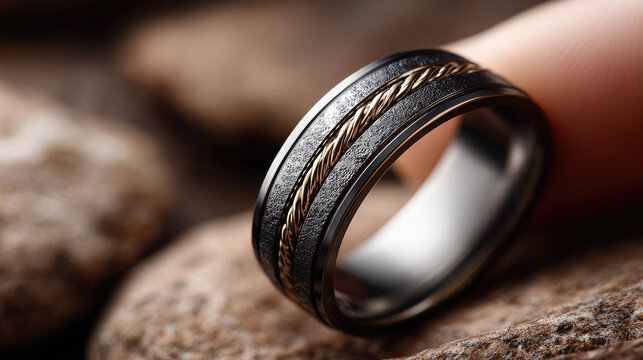 Adult hand showing a sleek metal fidget spinner ring with a textured black band and intertwined gold wire, a stylish tactile accessory for anxiety relief and mindful focus
