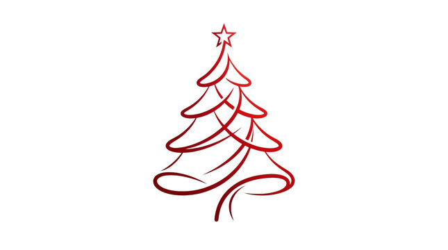 Minimalist Red Christmas Tree Line Art Isolated PNG &mdash; Ilustrasi Garis Pohon Natal Merah Minimalis PNG Transparan