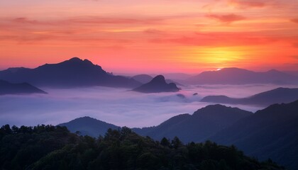 Fototapeta premium serene sunrise over misty mountain range vibrant pastel sky