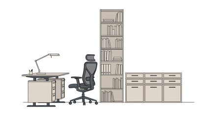 Fototapeta premium Clean workstation setup featuring a modern desk, ergonomic task chair, tall bookshelf, and wide filing cabinet system.