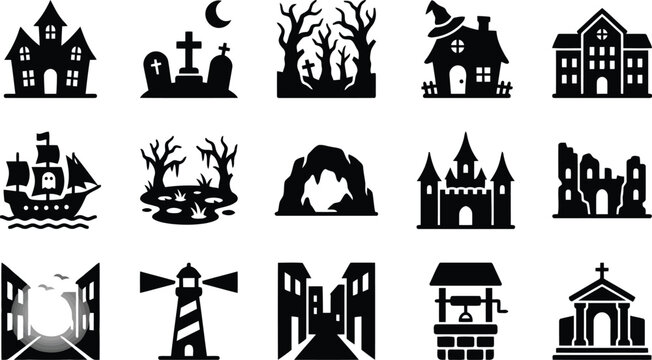 Spooky and horror locations silhouette icons set, haunted house, graveyard, castle, swamp and cave isolated on white background
