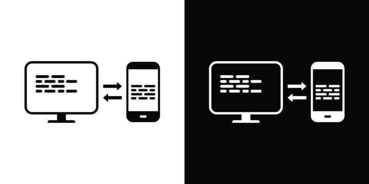Flat vector icon of laptop and smartphone transferring data with bidirectional arrows. Modern symbol for cross-device synchronization, file sharing, mobile responsive design, and digital connectivity.