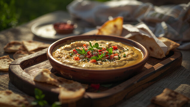 Bowl of hummus with pita bread and garnish middle eastern food photography olive oil party food wooden board appetizer tomatoes delicious vegetarian chickpea shareable restaurant