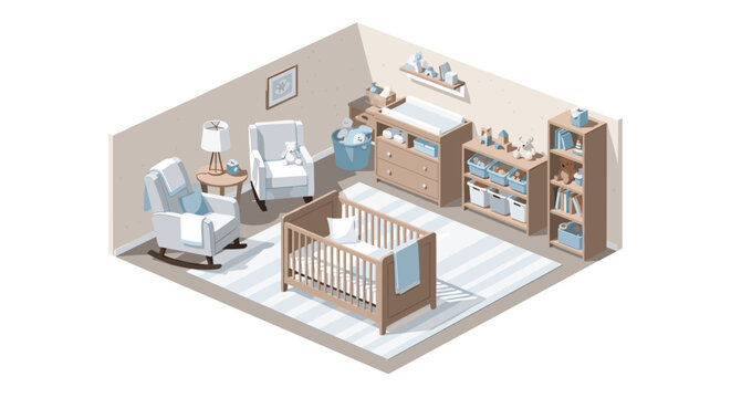 Charming baby nursery interior in isometric view features a crib, a rocking chair, and organized storage for infant care essentials.