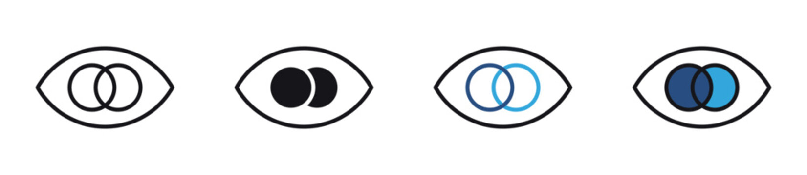 Color Blindness  Icon Set. Eye with overlapping circles symbol representing color vision deficiency, visual perception testing, and accessibility concept. Vector illustration.