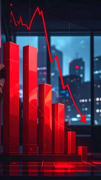 Dramatic Red Bar Chart Falling in Nighttime Office City View