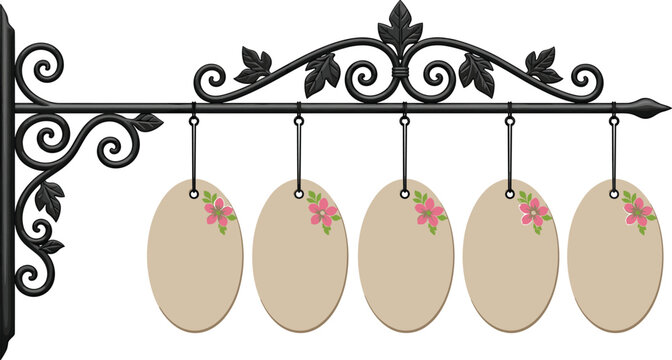 Vintage Wrought Iron Hanging Signboard Vector Illustration with Ornate Filigree Bracket, Scrollwork, and Five Blank Hanging Oval Plaques with Pink Flower Details