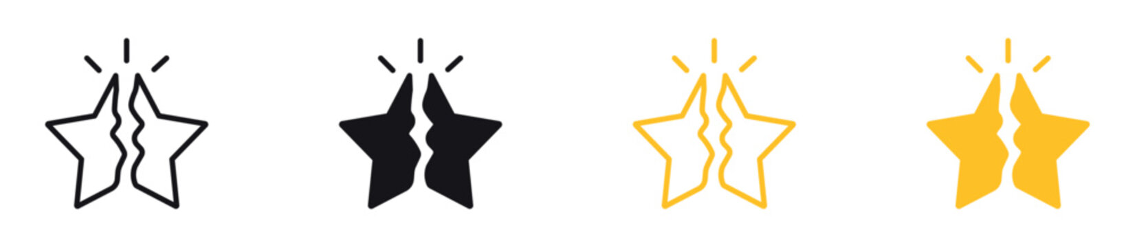 Broken Star Rating Icon Set. Split star symbol representing negative feedback, poor review, and damaged reputation concept. Vector illustration.
