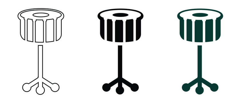 Percussion snare drum icon set with line solid and color styles on white background musical symbol.