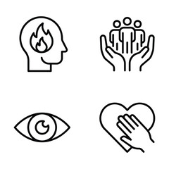 Obraz premium Head with flame hands holding people eye hand on heart icons line art flat design observation compassion business