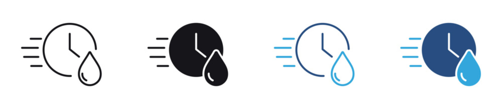 Quick Dry  Icon Set. Fast drying clock with water drop symbol representing moisture control, rapid evaporation, and quick-dry fabric concept. Vector illustration.