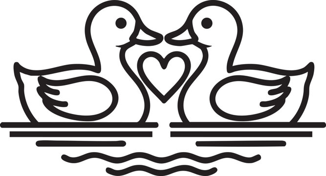 Black line art illustration of two ducks with a heart