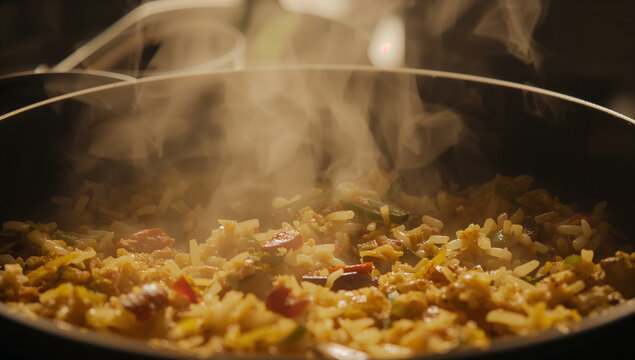 Steaming stir-fried rice with vegetables in a pan saut ed asian food side dish main course hot food comfort food steaming vegetables ingredients aromatic flavorful homemade restaurant