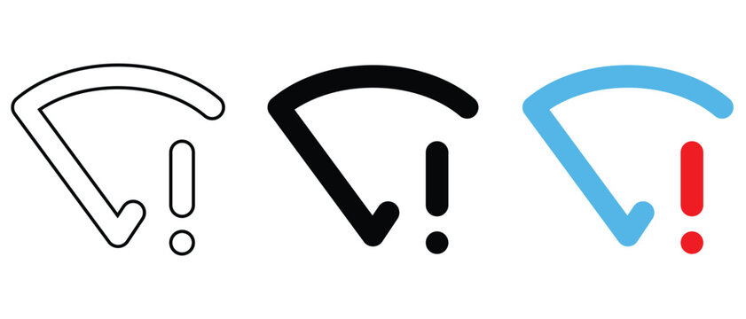 Wifi signal icon with a warning sign indicating a weak or absent wireless connection.