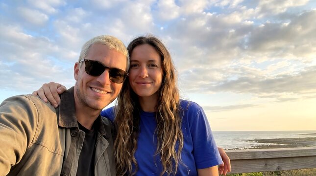 Happy young couple taking selfie at sunset, romantic pair on coastal vacation, smiling man and woman at seaside beach