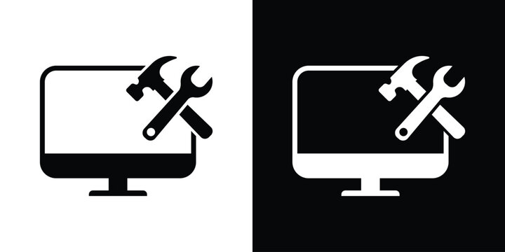 Flat vector icon of a laptop computer with a crossed hammer and wrench. Ideal symbol for computer repair, IT tech support, hardware maintenance, software troubleshooting, and system setup.