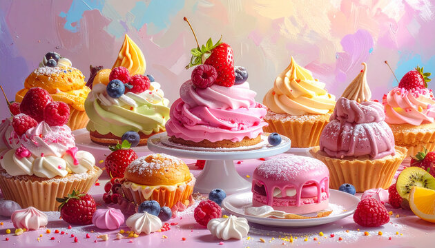 Assorted gourmet cupcakes with fruit toppings