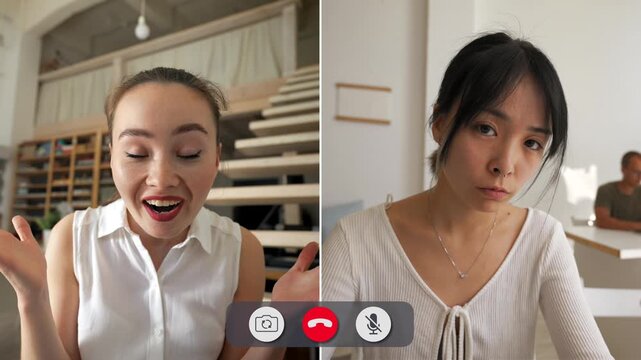 Two students interact on an online call. One shows happiness while the other appears focused and serious. They exchange different feelings during their discussion.