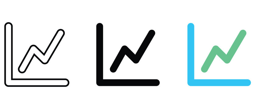 Stock market growth chart icon with rising arrow in outline black and colorful gradient vector set.