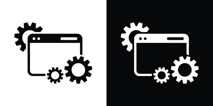 Modern vector icon of a browser window surrounded by mechanical gears. Represents website development, SEO optimization, backend configuration, content management systems, and web settings.