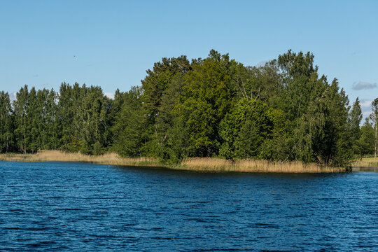 Lush green island surrounded by calm blue water under a clear sky with scattered clouds in a serene natural landscape