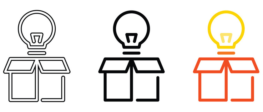 Creative thinking concept icons with light bulb emerging from open cardboard box for new idea design.