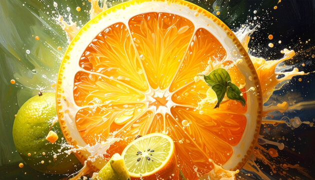 Fresh orange with splash and lime slice