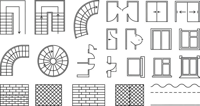 Architectural floor plan symbols set, including stairs, doors, windows, and wall textures