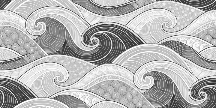 Abstract grayscale wavy pattern resembling ocean waves with intricate details and swirling motion.