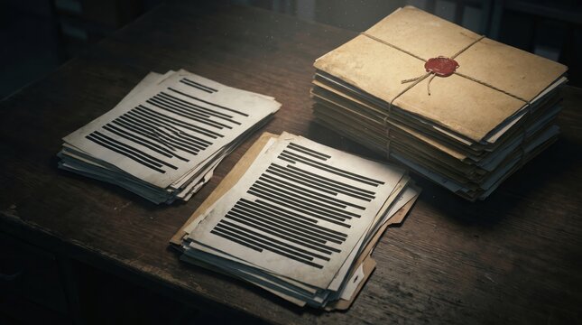 Ultra realistic classified confidential documents stacked on dark wooden desk with heavily redacted papers, sealed intelligence folders and cinematic lighting atmosphere