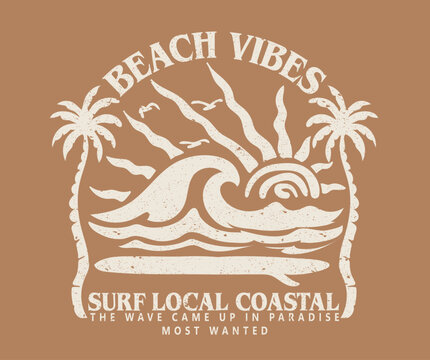 Surf local club. Beach big wave. Surf club artwork. Paradise life abstract artwork. Sunshine retro design. Summer good vibes vector design for apparel, stickers, posters, background and others.