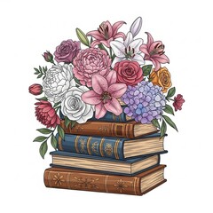 Colorful vintage books with vibrant floral arrangement on top illustration