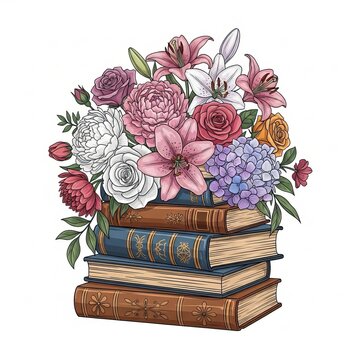 Colorful vintage books with vibrant floral arrangement on top illustration