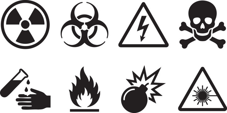 Collection of hazardous warning signs and symbols