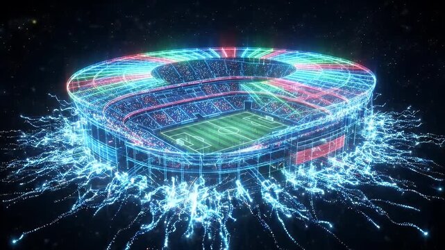 Futuristic RGB Glowing Stadium Hologram - A vibrant, glowing RGB hologram of a large stadium floats in a dark, star-filled background.