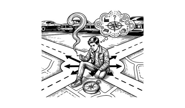 Young man feeling lost at crossroads conceptual illustration with navigation compass and binary code cloud