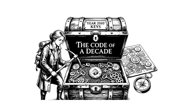 Conceptual illustration of crypto mining and digital treasure hunt for Bitcoin keys from a decade ago