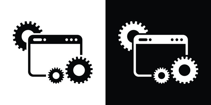 Modern vector icon of a browser window surrounded by mechanical gears. Represents website development, SEO optimization, backend configuration, content management systems, and web settings.