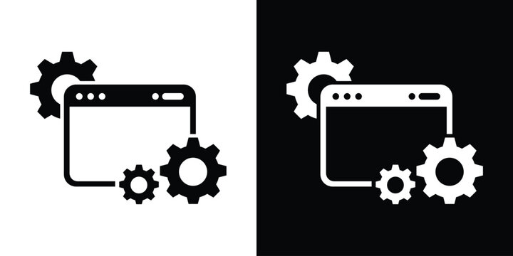 Modern vector icon of a browser window surrounded by mechanical gears. Represents website development, SEO optimization, backend configuration, content management systems, and web settings.