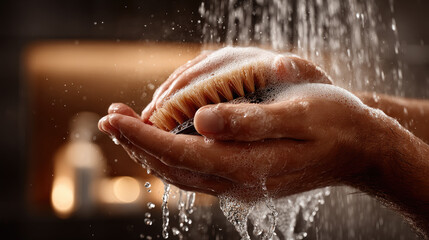 Fototapeta premium Person's hands holding a scrubbing brush covered in white soap suds under flowing water, creating a refreshing bathing moment highlighting clean body care and invigorating well being