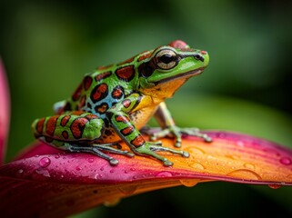 Obraz premium Vibrant Poison Dart Frog Perched on a Dew-Kissed Petal