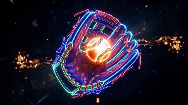 RGB Neon Baseball Glove Catching Glowing Ball - A vibrant baseball glove outlined with glowing RGB neon lights is shown catching a bright, luminous baseball.