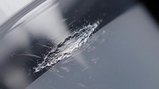 Closeup of a cracked windshield with water droplets.