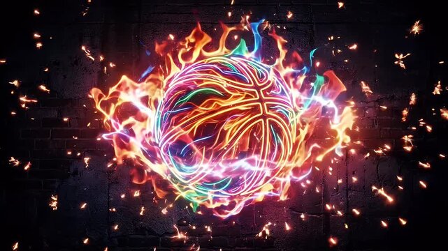 RGB Neon Basketball with Swirling Flames and Sparks - A vibrant basketball outline, illuminated by swirling RGB neon lights, is engulfed in dynamic, colorful flames and bright sparks.