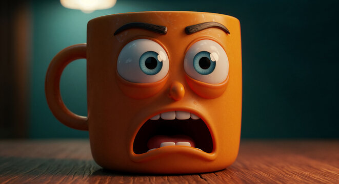 An orange cartoon mug