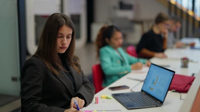 A focused young businesswoman diligently writes notes on colorful sticky notes at her desk in a modern office. She is working with her laptop and planning her tasks in a productive workspace.
